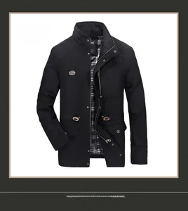 Detail view of black men's jacket showing standing collar and plaid pattern inner lining