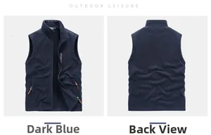 Detail view of navy blue outdoor fleece vest with zip pockets and stand-up collar design