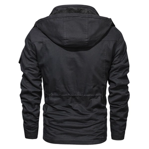 Men's black hooded military jacket rear view with adjustable waist and warm lining