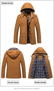 Détails de la veste à capuche kaki avec doublure à carreaux et poches utilitaires