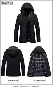 Vue avant et arrière de la veste à capuche noire pour homme avec doublure à carreaux
