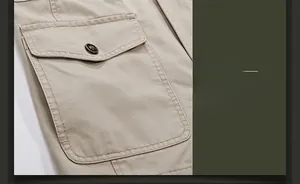 Detail shot of khaki cotton workwear jacket with cargo pocket and metal button