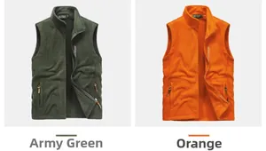 Detail view of polar fleece vests in army green and orange with zip pockets and stand collar
