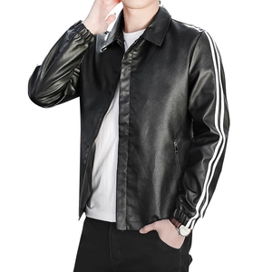 Herren Slim Fit schwarze Lederjacke mit weißen Streifen an den Ärmeln und Reverskragen