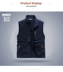 Detail view of navy blue fleece vest with orange zipper and high stand-up collar