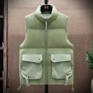 Men's Puffer Vest Stand Collar Thick Warm Winter Waistcoat Cargo Style Large Pockets Windproof Snow Mountain Print Sleeveless Jacket