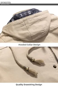Détail de la veste en coton kaki avec capuche doublée à carreaux et cordons tressés