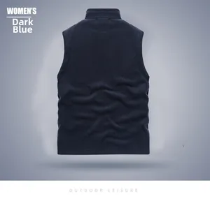Detail view of the deep blue fleece vest showing the high collar and smooth back seam