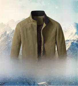 Detail of olive green men's fleece-lined jacket with durable fabric and ribbed cuffs