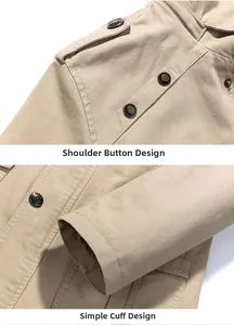 Détails de la veste en coton kaki montrant les pattes d'épaule et les poignets minimalistes