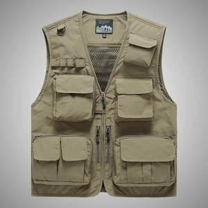 Men Multi Pocket Outdoor Fishing Vest Breathable Mesh Lightweight Photography Waistcoat Tactical Workwear Jacket For Hiking Camping Travel Casual V Neck Zipper Top