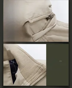 Detail of khaki twill jacket featuring a detachable zippered hood and ribbed elastic collar