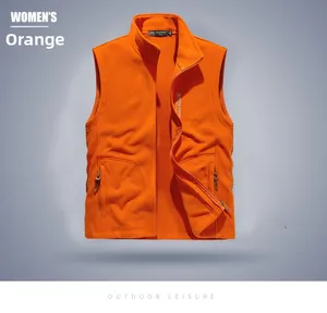 Detail of orange fleece vest featuring a stand-up collar and zippered side pockets