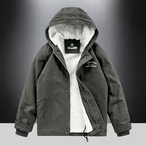 Men's winter hooded work jacket in dark grey with warm fleece lining and embroidery