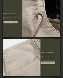 Detail of khaki jacket showing adjustable hood with drawstrings and shoulder joint stitching
