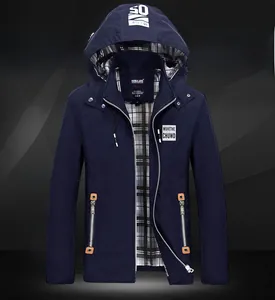 Navy men's hooded windbreaker featuring classic black and white plaid lining and metal zipper