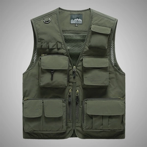 Army green multi-pocket utility vest in tear-resistant nylon for outdoor sport activities