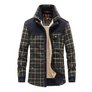 Men's thermal fleece lined plaid shirt jacket with corduroy patches and warm inner lining