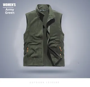 Detail of army green fleece vest with high collar and practical zipper pockets