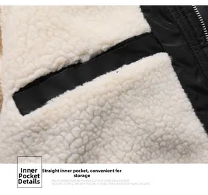 Detailed view of winter jacket interior featuring faux shearling lining and inner pocket