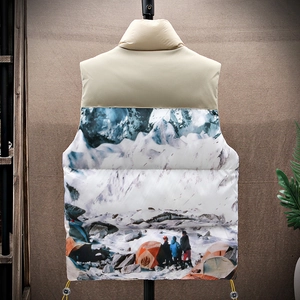 Men's winter puffer vest featuring a mountain print design and warm stand collar