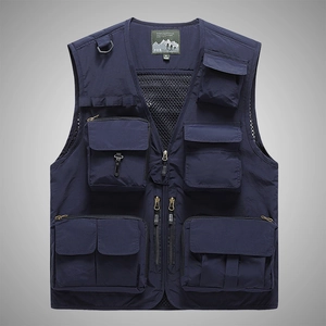 Navy blue multi-pocket tactical vest for outdoor fishing with breathable mesh lining