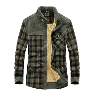 Men's winter fleece-lined plaid shirt jacket with corduroy patches and warm sherpa lining