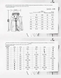 Detailed size chart for men's fleece jacket showing measurements from M to 5XL