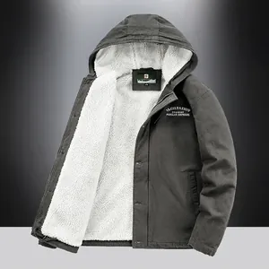 Winter men's hooded work jacket with thick sherpa lining and letter print in dark grey