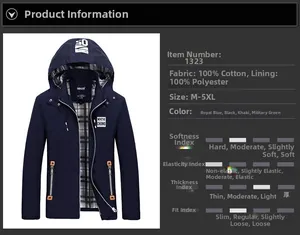 Detail view of navy hooded jacket with cotton shell, plaid lining, and sizing chart details