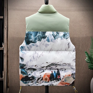 Men's olive green stand collar quilted vest featuring a mountain camping graphic print