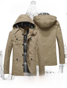 Detail view of khaki cotton work jacket featuring breathable fabric and wear resistance