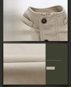 Detail of khaki men's jacket showing stand collar design and washed twill cotton texture