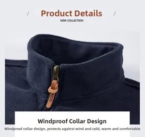 Close-up of navy blue fleece vest collar with metal zipper and leather puller detail
