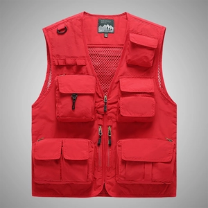 Red multi-pocket outdoor vest with mesh lining and durable front zipper closure