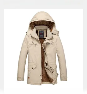 Detail view of khaki hooded parka jacket with warm fleece lining and tactical pockets