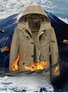 Detail of men's khaki winter parka featuring thick brown fleece lining and hooded design