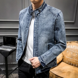 Slim fit men's vintage light blue denim jacket with stand collar and metal zipper detail