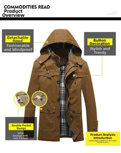 Men's brown washed cotton jacket featuring a detachable hood and plaid lining detail