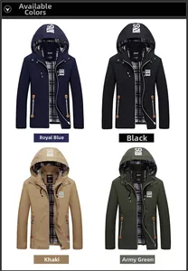 Detail showing hooded outdoor jacket colors with zipper closure and classic plaid lining