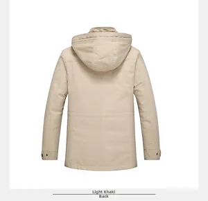 Rear view of a khaki casual hooded parkas with premium cotton twill texture