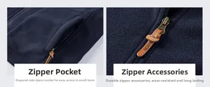 Detail of dark blue fleece vest featuring a zippered pocket with a leather FASHION pull tab