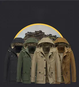 Detail of men's hooded fleece parka in four colors including olive green and khaki