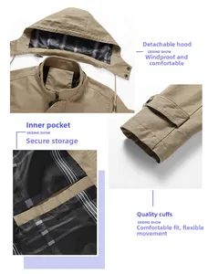 Detail of khaki cotton jacket showing detachable hood and interior plaid lining pockets