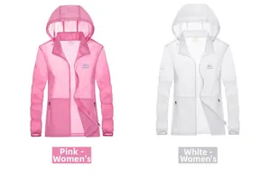 Detailansicht der leichten Kapuzen-Sonnenschutzjacken in Rosa und Weiß mit Reißverschlusstaschen