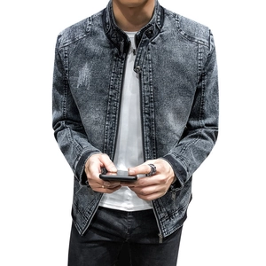 Men's vintage slim fit denim jacket with high neck zipper in dark grey acid wash