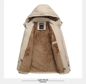 Close-up of light khaki hooded jacket featuring thick brown fleece lining and inner texture