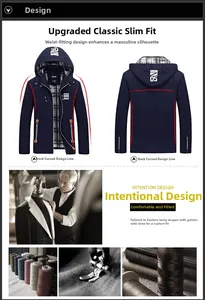 Detailed views of slim-fit men's hooded jacket featuring curved stitching and plaid lining