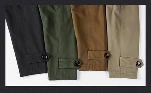 Detailed view of adjustable cuffs in black, green, brown and khaki twill fabric