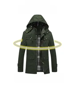 Detail of hooded cotton jacket showing green fabric and classic plaid lining texture
